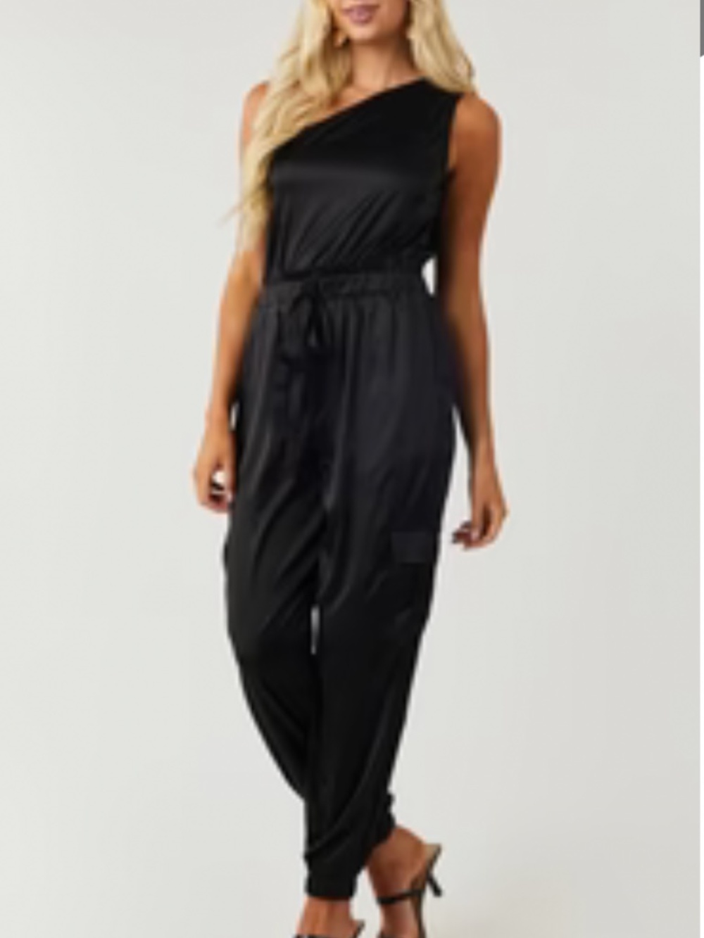 One Shoulder Satin Cargo Jumpsuit